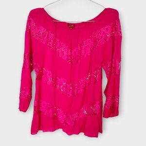 Santdori Womens Top Sz Medium Hot Pink Rayon Lace Peasant Blouse Cottagecore Boh